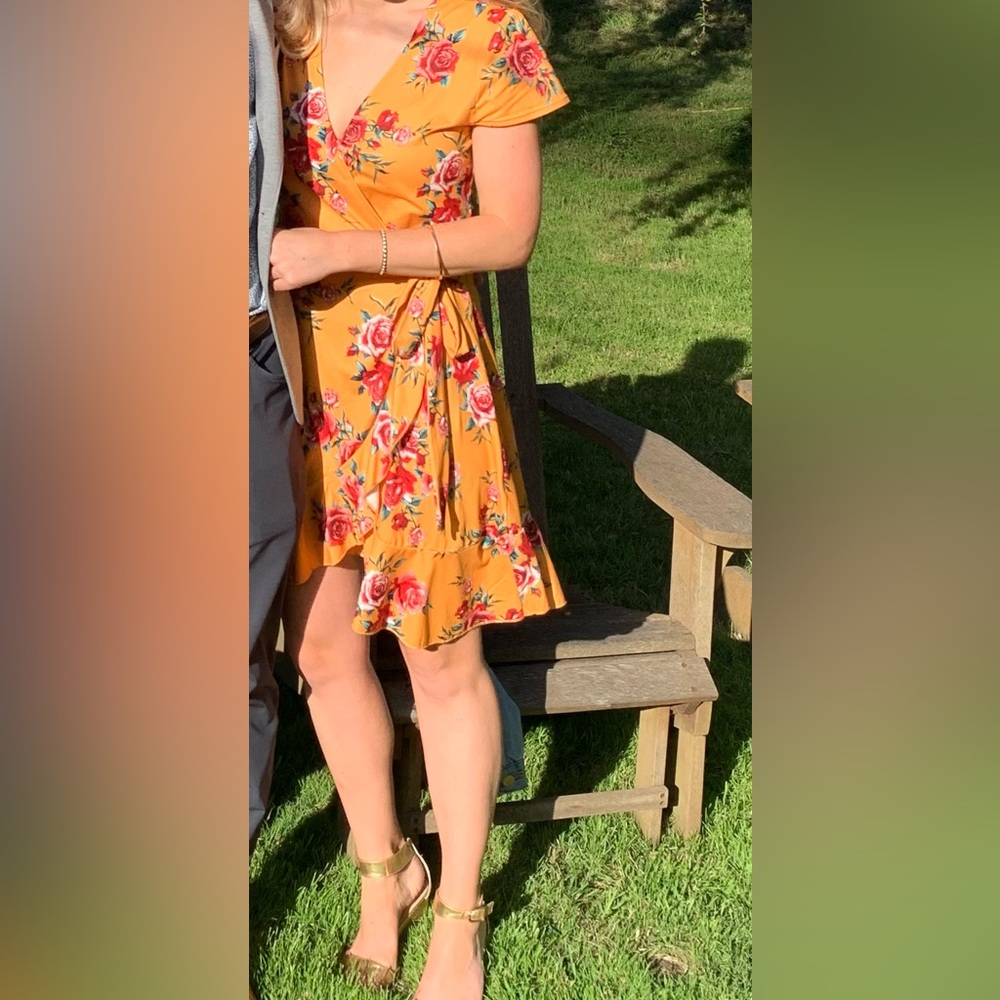 Yellow floral wrap dress